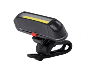 Éclairage de vélo en plastique ABS avec projecteur COB haute puissance (lumière blanche et rouge), batterie rechargeable USB intégrée (350 mAh) et sangle élastique. Avec modes d'éclairage fixe et clignotant. Câble de chargeur USB inclus
